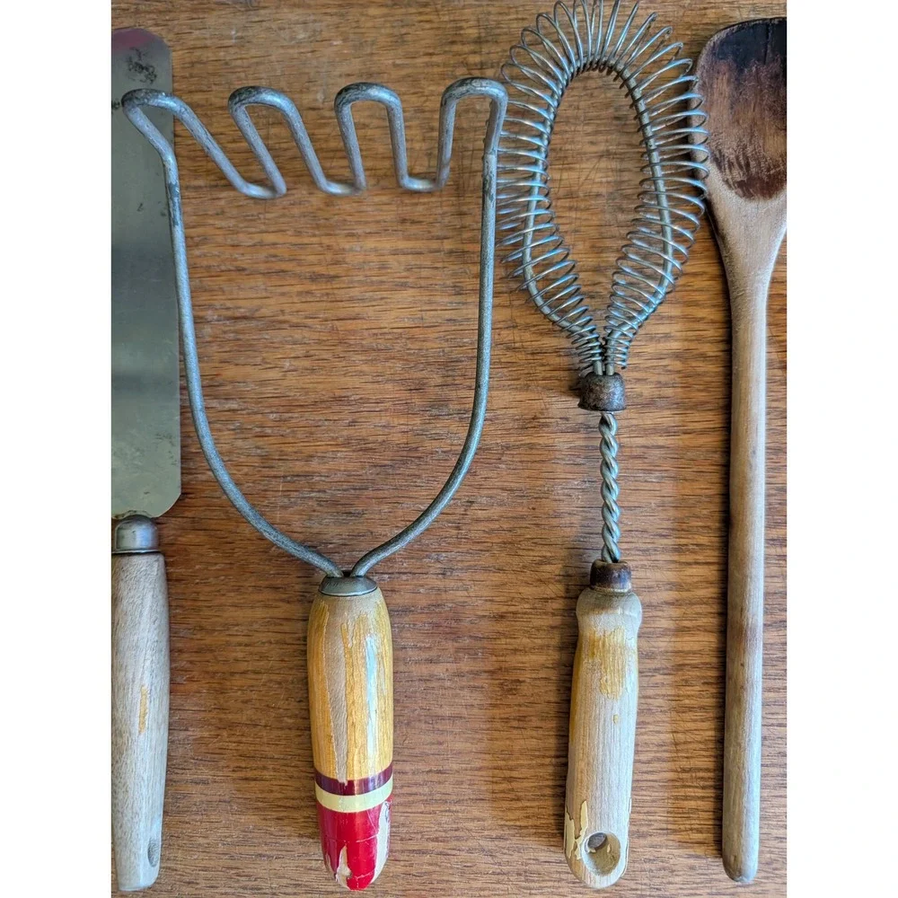 Vintage Kitchen Utensil Lot Wood Spoons Potato Masher Whisk Farmhouse Decor 7pc